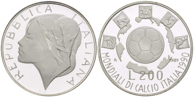 Италия 200 лир 1989 чемпионат мира по футболу в Италии 1990 года, мяч, гербы KM 133 серебро PROOF 1074-10-53