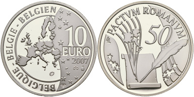 Бельгия 10 евро 2007 50 лет Римскому договору KM 260 серебро PROOF 01-165-44