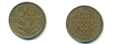 ПОРТУГАЛИЯ 50 СЕНТАВО 1977 KM 596 бронза 80-413