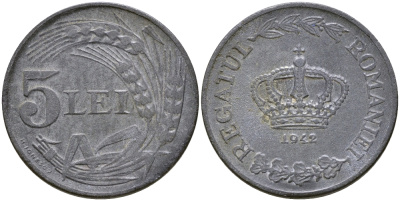 РУМЫНИЯ 5 ЛЕЙ 1942 МИХАЙ I (1940-1947), ВТОРАЯ МИРОВАЯ ВОЙНА KM 61 цинк 89-346