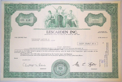 США, Lescarden Inc. 500 акций 1983 бумага 8805-73-1