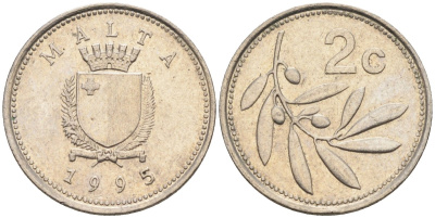 Мальта 2 цента 1995 оливковая ветвь KM 94 медно-никель 188-517