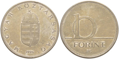Венгрия 10 форинтов 1994 BP KM 695 латунь плакированная медно-никелем 51-135