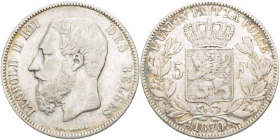 Бельгия 5 франков 1870 Леопольд II (1865-1909) KM 24 серебро 4184-621
