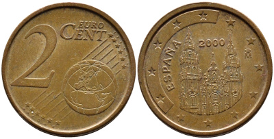 ИСПАНИЯ 2 ЕВРОЦЕНТА 2000 KM 1041 сталь плакированная медью 4392-112