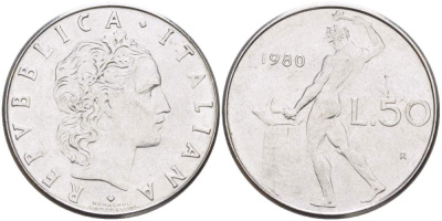 ИТАЛИЯ 50 ЛИР 1980 R, КУЗНЕЦ, ВУЛКАН БОГ ОГНЯ, ДИАМЕТР 25 ММ. KM 95.1 нержавеющая сталь 108-1051