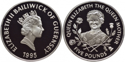 Гернси 5 фунтов 1995 Королева Елизавета, королева мать KM 66a серебро PROOF 01-057-12