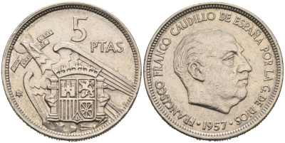 Испания 5 песет 1957(72) Франсиско Франко (1939-1975) KM 786 медно-никель 4571-1225