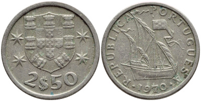 ПОРТУГАЛИЯ 2,5 ЭСКУДО 1970 ПАРУСНИК KM 590 медно-никель 4396-142