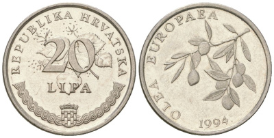 Хорватия 20 лип 1994 четный год KM 17 сталь плакированная никелем  UNC  4124-1241