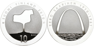 Финляндия 10 евро 2010 Элиэль Сааринен, архитектор KM 151 серебро  PROOF 11-164-15