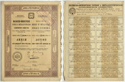 РОССИЯ АКЦИЯ В 125 РУБЛЕЙ ЗОЛОТОМ 1897 ВОЛЖСКО-ВИШЕРСКОЕ ГОРНОЕ И МЕТАЛЛУРГИЧЕСКОЕ АКЦИОНЕРНОЕ ОБЩЕСТВО бумага 510-16-1