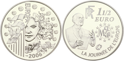 Франция 1 1/2 евро 2006 Декларация Шумана, день Европы 9 мая 1950 года KM 2037 серебро PROOF 11-183-45