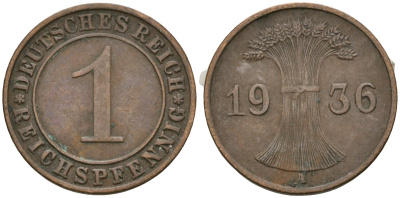 Германия 1 рейхспфенниг 1936 A KM 37, J. 313 бронза 4528-1017