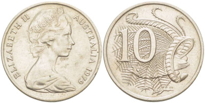 Австралия 10 центов 1979 Елизавета II (1952-), птица лирахвост KM 65 медно-никель 4519-422