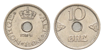 Норвегия 10 эре 1941 KM 383 медно-никель UNC 4625-947