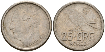 Норвегия 25 эре 1967 Улаф V (1958-1991), синица KM 407 медно-никель 4154-814