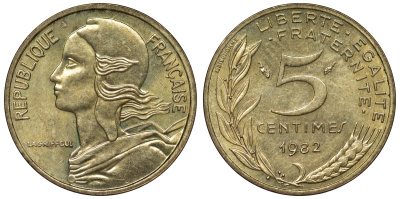 Франция 5 сантимов 1982 тип Marianne KM 933, Le Franc 125.18 медь алюминий никель 4124-335