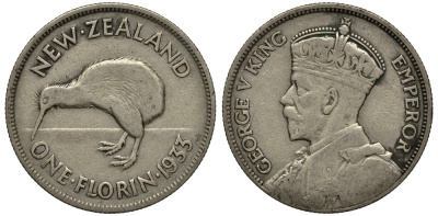Новая Зеландия 1 флорин 1933 Георг V (1910-1936), птичка киви KM 4 серебро 272-1213