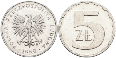 Польша 5 злотых 1990 MW, Народная Республика KM 81.3, Parchimowicz 223b алюминий aUNC 4580-817