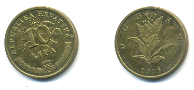 Хорватия 10 лип 2005 табак обыкновенный, легенда на хорватском KM 6 сталь плакированная латунью 3999-915