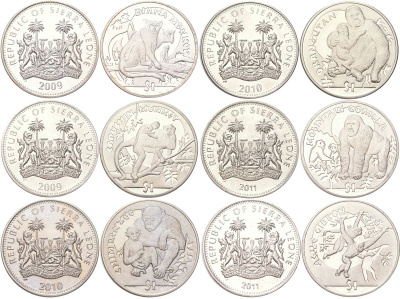 Сьерра-Леоне полный набор из 6 монет (1 доллар) 2009-2011 Обезьяны - Мартышка диана, Капуцин, Шимпанзе, Орангутан, Горная горилла, Чернорукий гиббон KM 364, 365, 366, 367, 368, 369 медно-никель BU 00-00