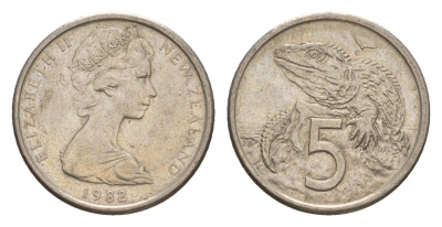 Новая Зеландия 5 центов 1982 Елизавета II (1952-2022), ящерица гаттерия KM 34.1 медно-никель 4178-353