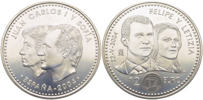 Испания 12 евро 2004 свадьба принца Фелипе и Летисии 24.05.2004 KM 1069 серебро UNC 3896-1122