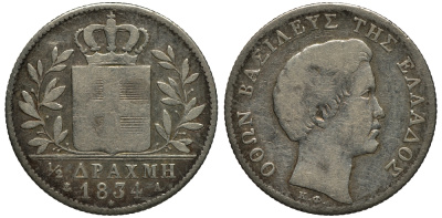ГРЕЦИЯ 1/2 ДРАХМЫ 1834 А, ОТТО БАВАРСКИЙ (1832-1862) KM 19 серебро 3896-1341