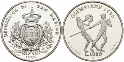 Сан-Марино 1000 лир 1995 XXVI летние Олимпийские игры в Атланте 1996 года, копьеметатель и дискобол KM 332 серебро PROOF 1066-1-42