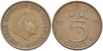 Нидерланды 5 центов 1975 Юлиана (1949-1980) KM 181 бронза 214-828