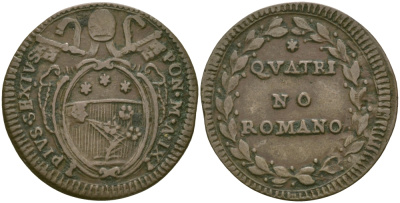 ВАТИКАН, ПАПСКАЯ ОБЛАСТЬ 1 КВАТРИНО 1784 ГОД IX, ПИЙ VI (1775-1799) KM 1223 (C67) медь 99-956