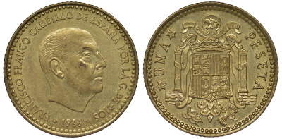Испания 1 песета 1966 (75) Франсиско Франко (1939-1975) KM 796 алюминиевая бронза 4128-1046