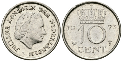 НИДЕРЛАНДЫ 10 ЦЕНТОВ 1973 ЮЛИАНА KM 182 никель 96-428