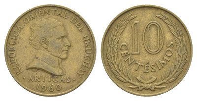 Уругвай 10 сентесимо 1960 KM 39 никель латунь 4620-246