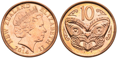 Новая Зеландия 10 центов 2014 маска Маори, Елизавета II (1952-) KM 117а сталь плакированная медью 67-234