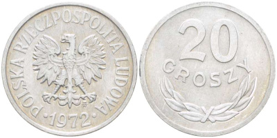 ПОЛЬША 20 ГРОШЕЙ 1972 MW KM А47 алюминий 4516-743
