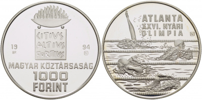 Венгрия 1000 форинтов 1994 XXVI Олимпийские игры в Атланте, плавание KM 712 серебро PROOF 1081-5-43
