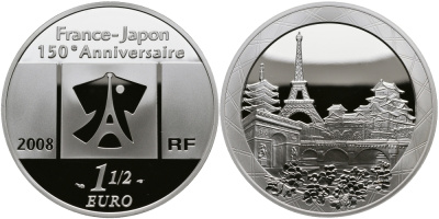 Франция 1 1/2 евро 2008 150 лет торговым отношениям Франция-Япония, Париж, Эйфелева башня KM 1550 серебро PROOF 1068-10-34