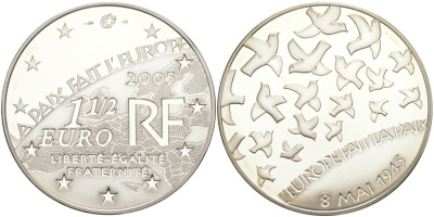 Франция 1 1/2 евро 2005 60 лет мира в Европе, голуби мира КМ 1441 серебро PROOF 01-345-42