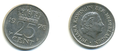 НИДЕРЛАНДЫ 25 ЦЕНТОВ 1976 ЮЛИАНА KM 183 никель 83-1025