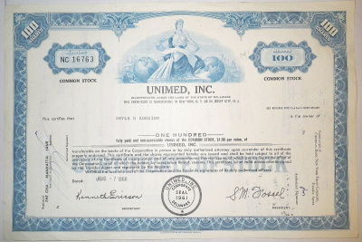 США, UNIMED, INC. 100 АКЦИЙ 1968 США бумага 00-00