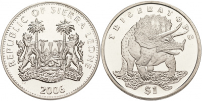 Сьерра-Леоне 1 доллар 2006 серия динозавры, трицератопс KM 310 медно-никель UNC M20-3