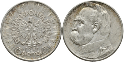 ПОЛЬША 5 ЗЛОТЫХ 1936 W, ЮЗЕФ ПИЛСУДСКИЙ KM 28 серебро 441-1134