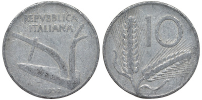 Италия 10 лир 1952 R, плуг, колосья KM 93 алюминий 4122-114