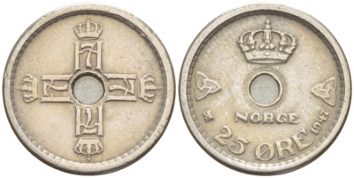 НОРВЕГИЯ 25 ЭРЕ 1947 KM 384 медно-никель 4547-1044