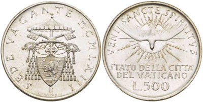 Ватикан 500 лир 1963 вакантный престол (Sede Wacante) KM 75 серебро 3333-1113