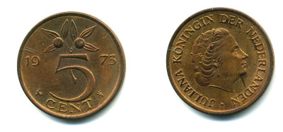 НИДЕРЛАНДЫ 5 ЦЕНТОВ 1973 ЮЛИАНА KM 181 бронза 76-444