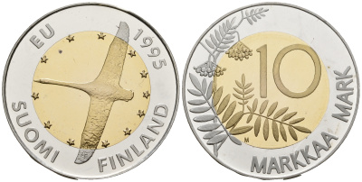 Финляндия 10 марок 1995 М, европейское единство, с сертификатом KM 82а биметалл, серебро, золото PROOF 00-00