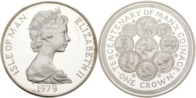 Остров Мэн 1 крона 1979 300 лет чеканке монет на острове Мэн, в оригинальной коробке, с сертификатом KM 45а серебро PROOF 3-4-4-21